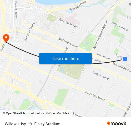 Willow + Ivy to Finley Stadium map