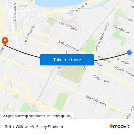 3rd + Willow to Finley Stadium map