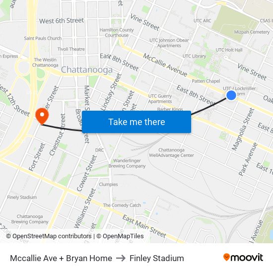 Mccallie Ave + Bryan Home to Finley Stadium map