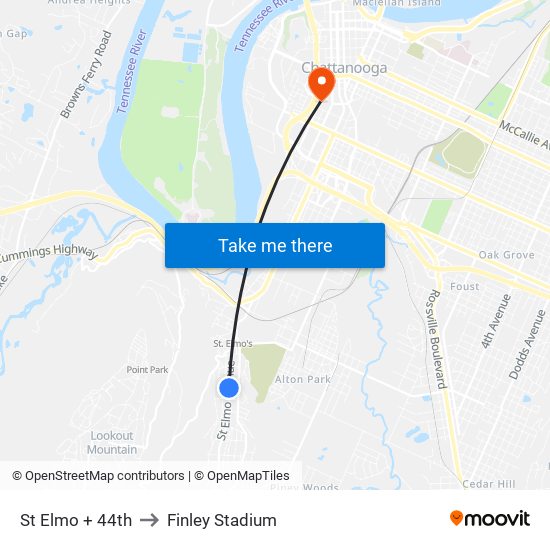 St Elmo + 44th to Finley Stadium map