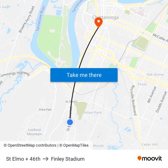 St Elmo + 46th to Finley Stadium map