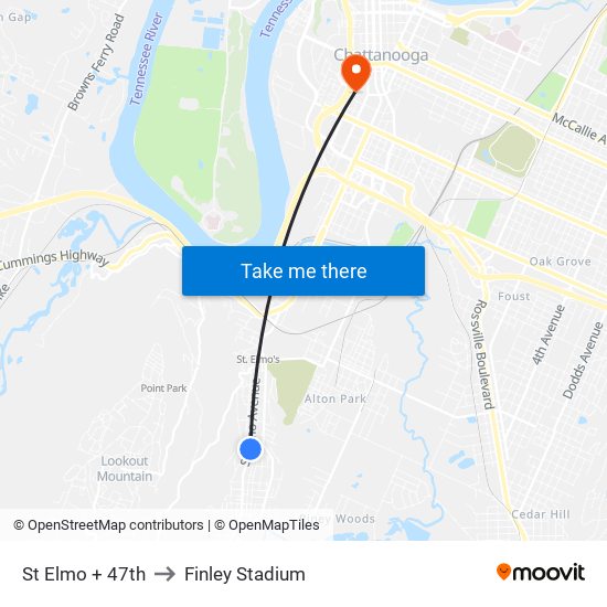 St Elmo + 47th to Finley Stadium map