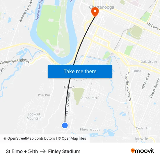 St Elmo + 54th to Finley Stadium map