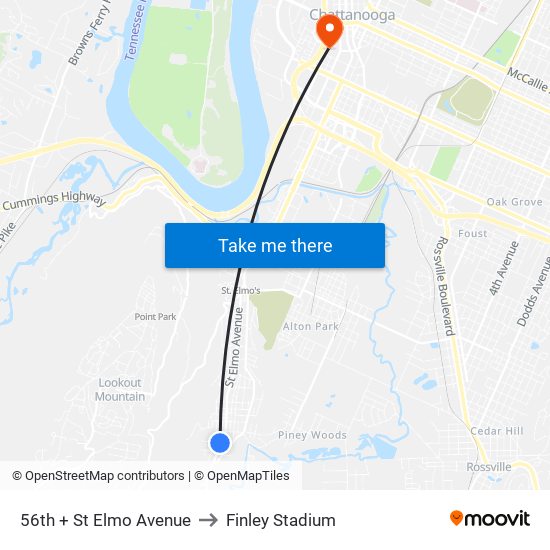 56th + St Elmo Avenue to Finley Stadium map