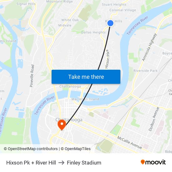 Hixson Pk + River Hill to Finley Stadium map