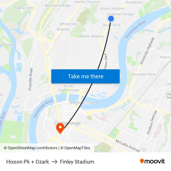 Hixson Pk + Ozark to Finley Stadium map