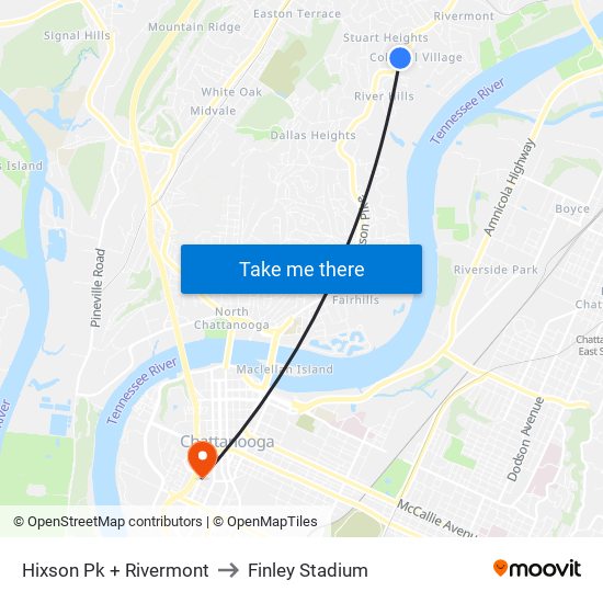 Hixson Pk + Rivermont to Finley Stadium map