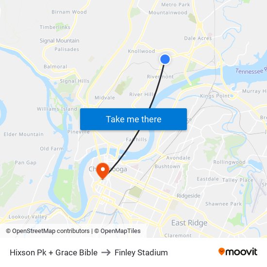Hixson Pk + Grace Bible to Finley Stadium map
