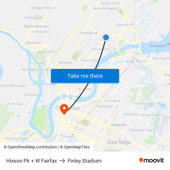 Hixson Pk + W Fairfax to Finley Stadium map