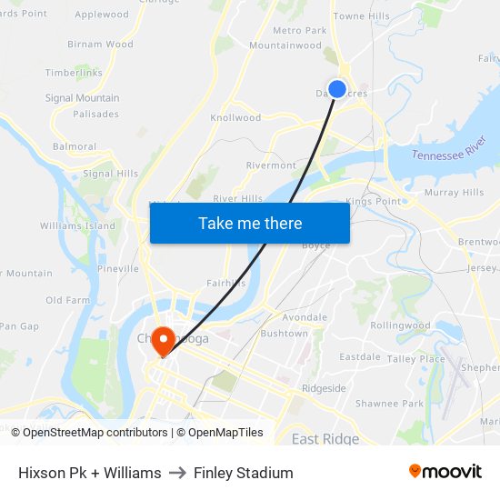 Hixson Pk + Williams to Finley Stadium map