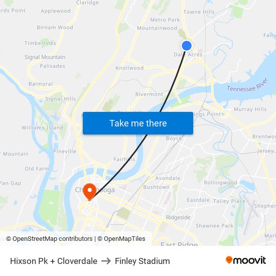 Hixson Pk + Cloverdale to Finley Stadium map