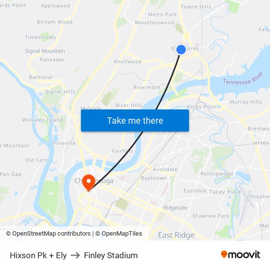 Hixson Pk + Ely to Finley Stadium map