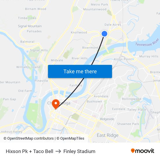 Hixson Pk + Taco Bell to Finley Stadium map
