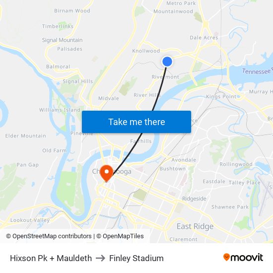 Hixson Pk + Mauldeth to Finley Stadium map