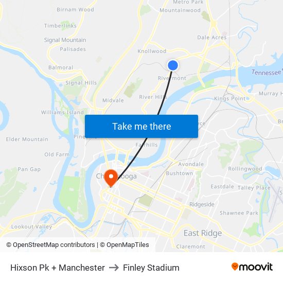 Hixson Pk + Manchester to Finley Stadium map