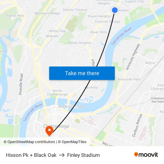 Hixson Pk + Black Oak to Finley Stadium map