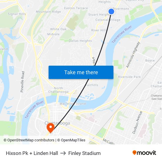 Hixson Pk + Linden Hall to Finley Stadium map