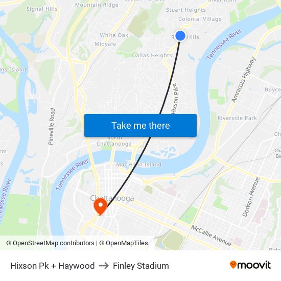 Hixson Pk + Haywood to Finley Stadium map