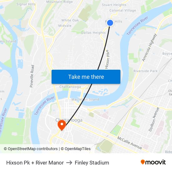 Hixson Pk + River Manor to Finley Stadium map