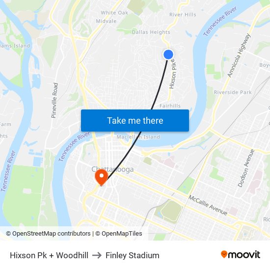 Hixson Pk + Woodhill to Finley Stadium map