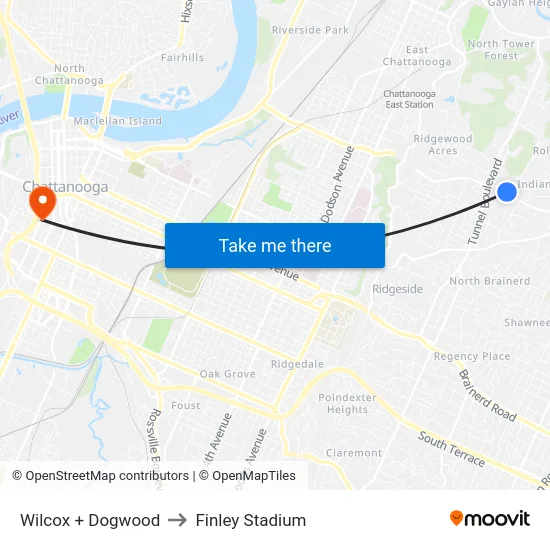 Wilcox + Dogwood to Finley Stadium map