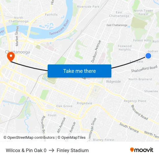 Wilcox & Pin Oak 0 to Finley Stadium map