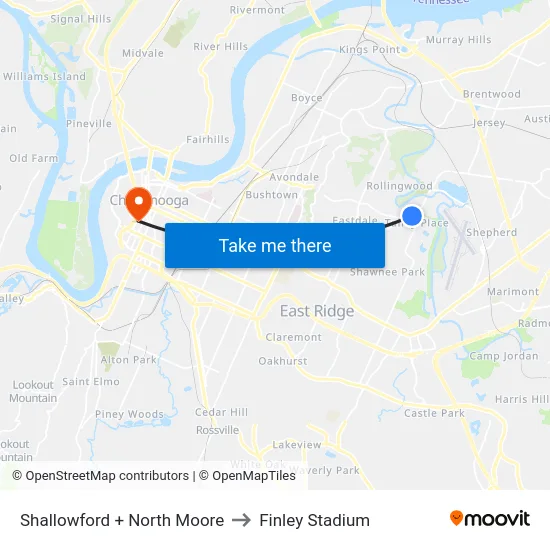 Shallowford + North Moore to Finley Stadium map
