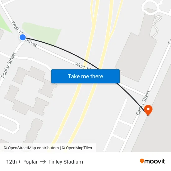 12th + Poplar to Finley Stadium map
