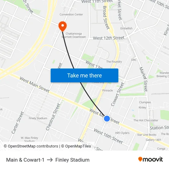 Main & Cowart-1 to Finley Stadium map