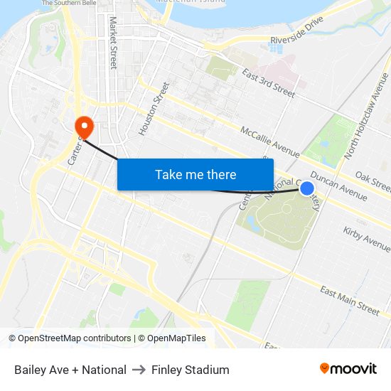 Bailey Ave + National to Finley Stadium map