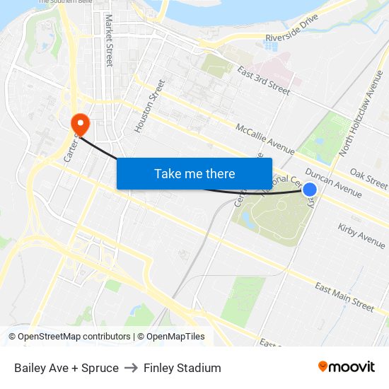 Bailey Ave + Spruce to Finley Stadium map