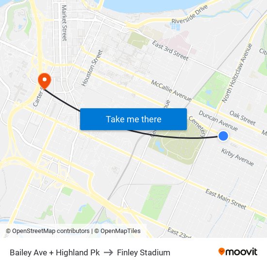 Bailey Ave + Highland Pk to Finley Stadium map