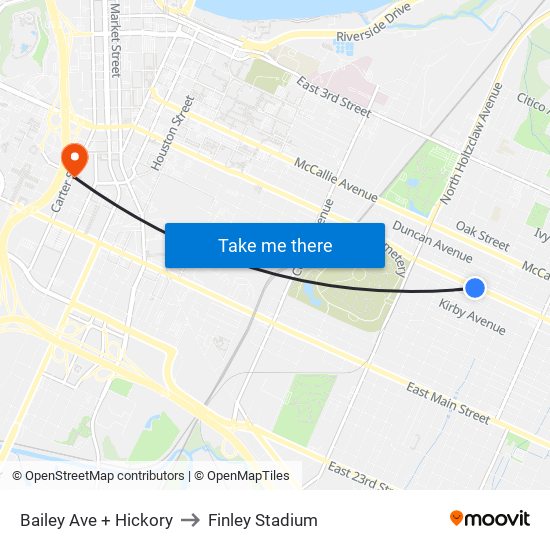 Bailey Ave + Hickory to Finley Stadium map