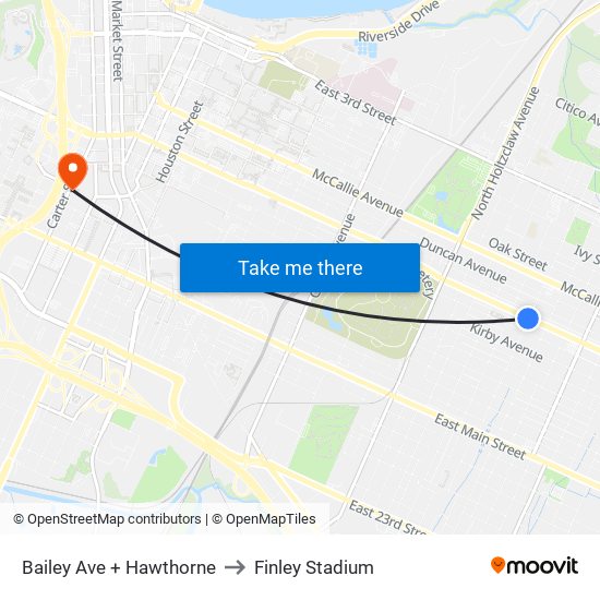 Bailey Ave + Hawthorne to Finley Stadium map