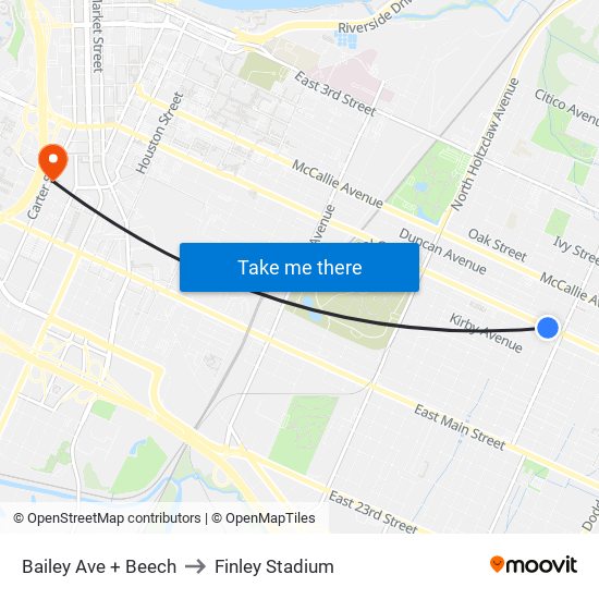 Bailey Ave + Beech to Finley Stadium map