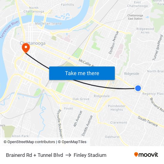Brainerd Rd + Tunnel Blvd to Finley Stadium map