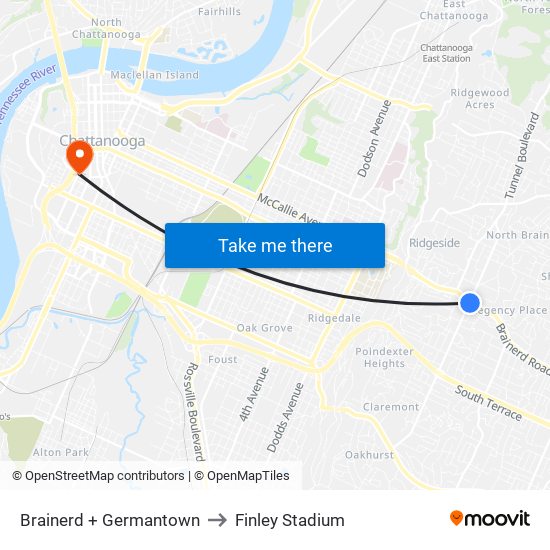 Brainerd + Germantown to Finley Stadium map