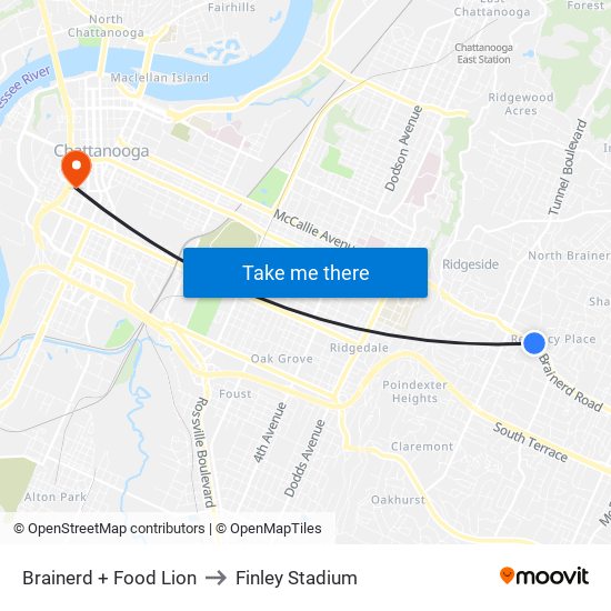 Brainerd + Food Lion to Finley Stadium map