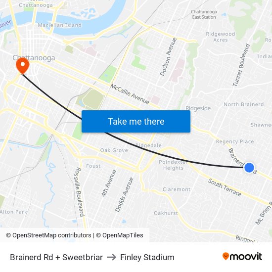 Brainerd Rd + Sweetbriar to Finley Stadium map