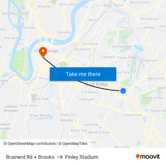 Brainerd Rd + Brooks to Finley Stadium map