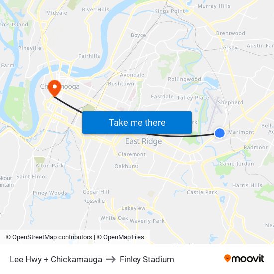 Lee Hwy + Chickamauga to Finley Stadium map