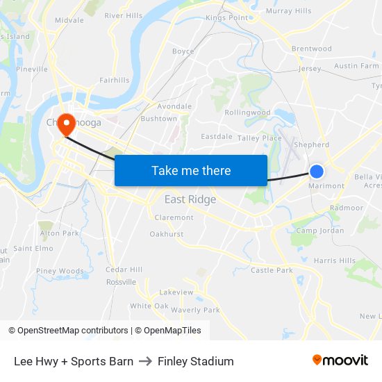 Lee Hwy + Sports Barn to Finley Stadium map
