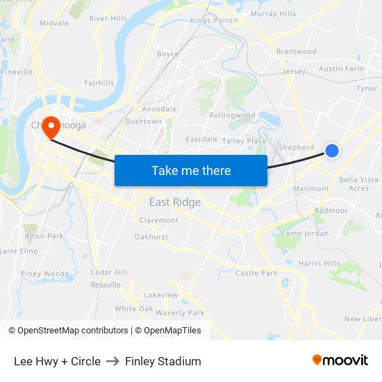 Lee Hwy + Circle to Finley Stadium map