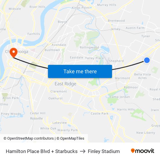 Hamilton Place Blvd + Starbucks to Finley Stadium map