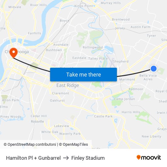 Hamilton Pl + Gunbarrel to Finley Stadium map