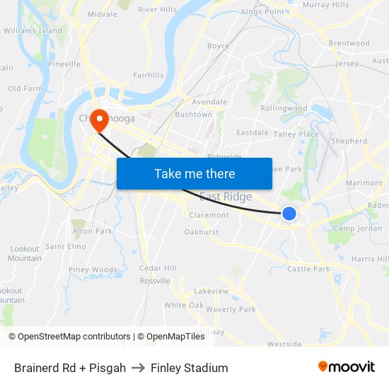 Brainerd Rd + Pisgah to Finley Stadium map