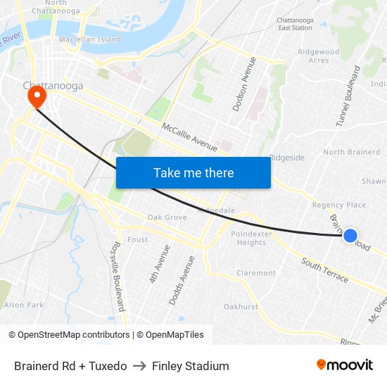 Brainerd Rd + Tuxedo to Finley Stadium map