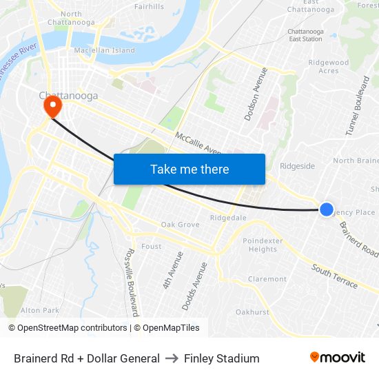 Brainerd Rd + Dollar General to Finley Stadium map