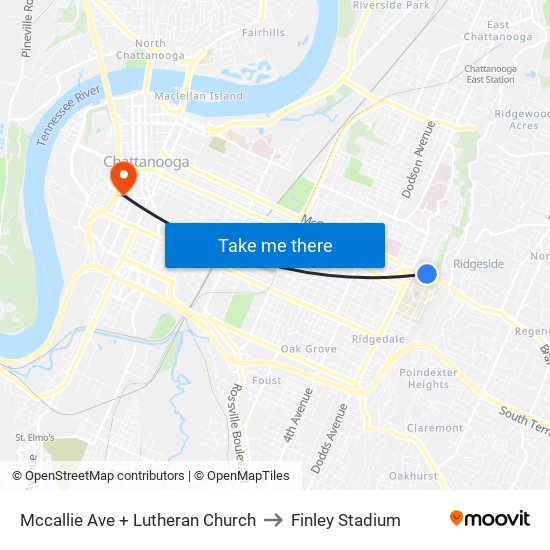 Mccallie Ave + Lutheran Church to Finley Stadium map