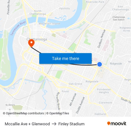 Mccallie Ave + Glenwood to Finley Stadium map